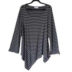 Bryn Walker Gray Black Striped Asymmetrical Tunic Top L Made in USA Lagenlook